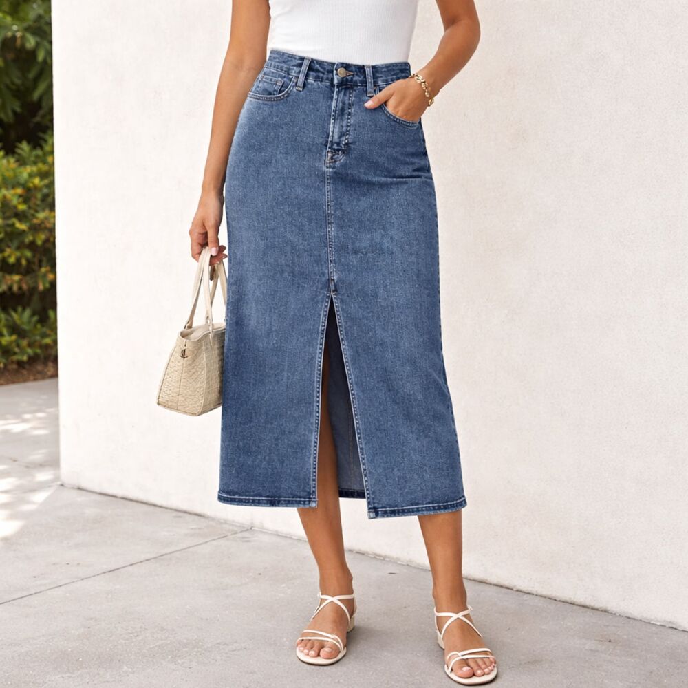 Jen 7 Denim Skirt Women’s Size 6/8 M Denim Midi Skirt Front Slit Stretch Cotton